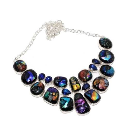Handmade Fancy Dichroic Glass Cabochons Gemstone .925 Sterling Silver Plated Bracelet