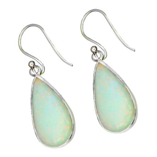 Natural Australian Rainbow Flash White Fire Opal Pears in Solid .925 Sterling Silver Earrings