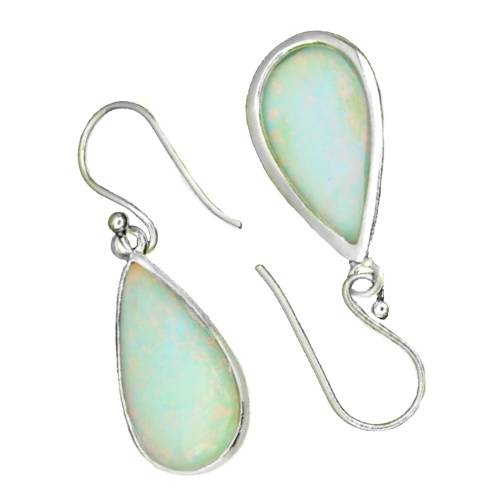 Natural Australian Rainbow Flash White Fire Opal Pears in Solid .925 Sterling Silver Earrings