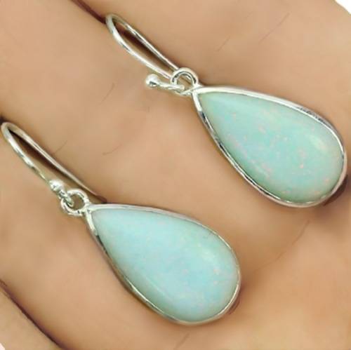 Natural Australian Rainbow Flash White Fire Opal Pears in Solid .925 Sterling Silver Earrings