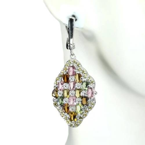 Natural Unheated Multi-Tourmaline and Sapphires Solid. 925 Sterling Silver Earrings