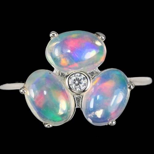 Natural Unheated Full Flash Ethiopian Fire Opal CZ Gemstone Solid .925 Sterling Ring Size 7 or O