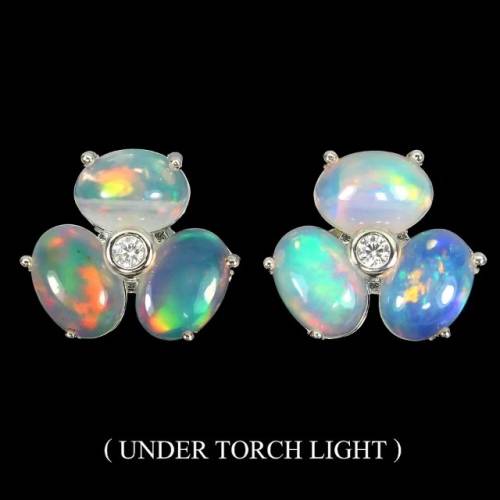 Natural Unheated Full Flash Ethiopian Fire Opal CZ Gemstone Solid .925 Sterling Stud Earrings