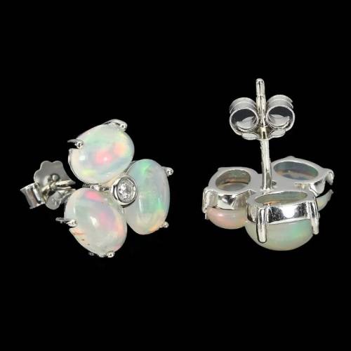 Natural Unheated Full Flash Ethiopian Fire Opal CZ Gemstone Solid .925 Sterling Stud Earrings
