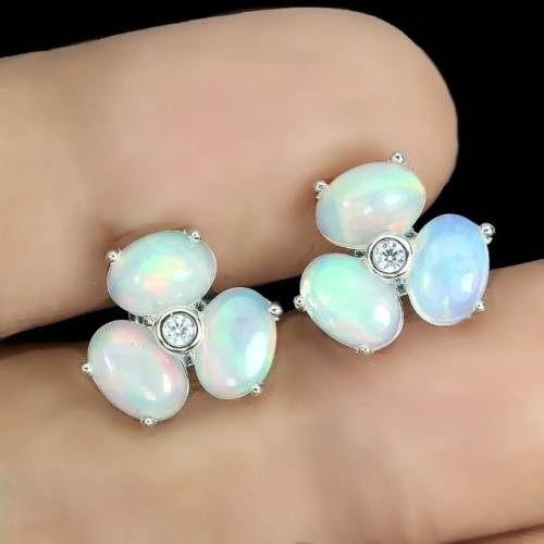 Natural Unheated Full Flash Ethiopian Fire Opal CZ Gemstone Solid .925 Sterling Stud Earrings