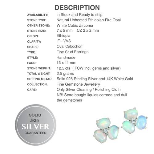 Natural Unheated Full Flash Ethiopian Fire Opal CZ Gemstone Solid .925 Sterling Stud Earrings