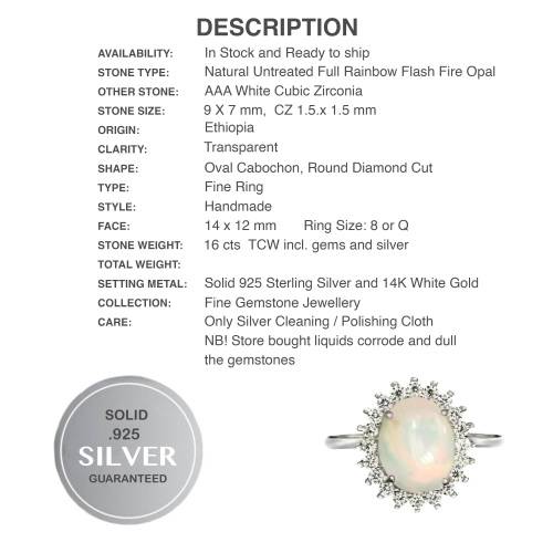 Natural Full Flash Ethiopian Fire Opal White CZ set in Solid .925 Sterling Ring Size 8 or Q