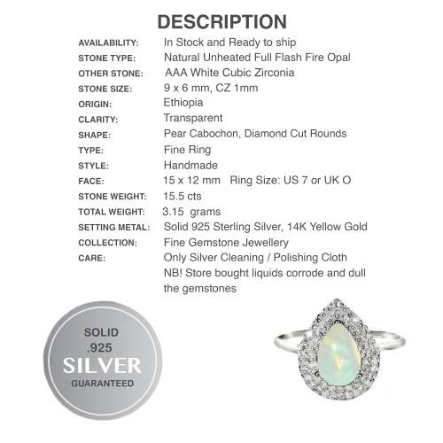 Natural Unheated Ethiopian Fire Opal CZ Gemstone Solid .925 Sterling Ring Size 7 or O
