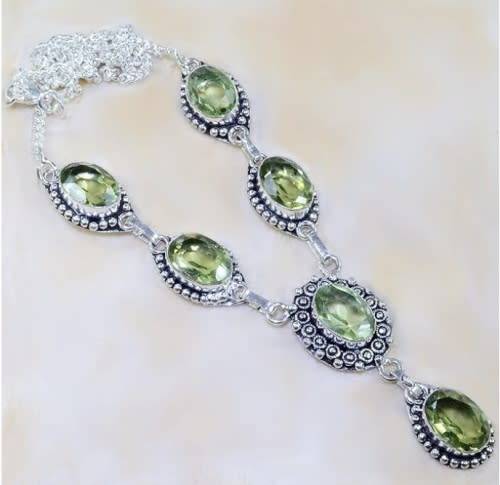 Green Amethyst Oval Gemstones set in .925 Sterling Silver Plated Handmade Necklace