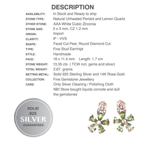 Natural Unheated Peridot, Lemon Quartz Cubic Zirconia Gemstone Solid .925 Sterling Silver Earrings