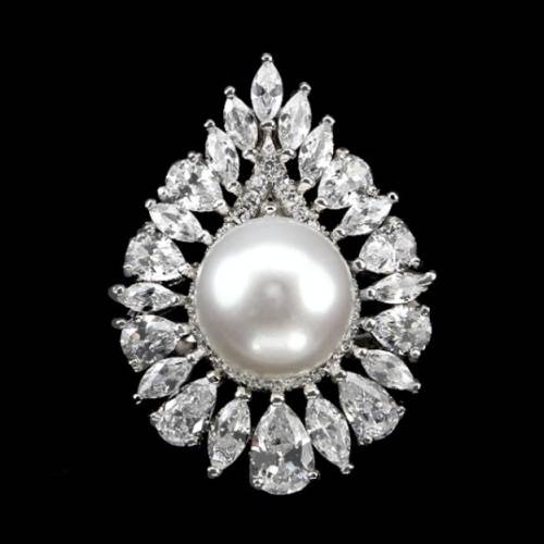 Natural Creamy White Pearl ,White CZ  set in Solid .925 Sterling Silver Ring Size US 9.5 or S1/2