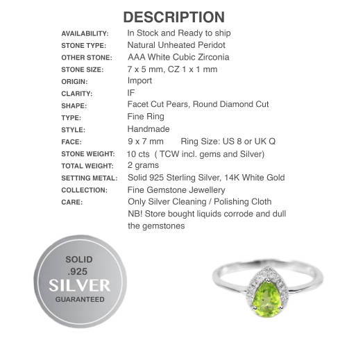 Natural Unheated Peridot and White CZ Gemstone set in Solid .925 Sterling Silver Ring Size 8 / Q