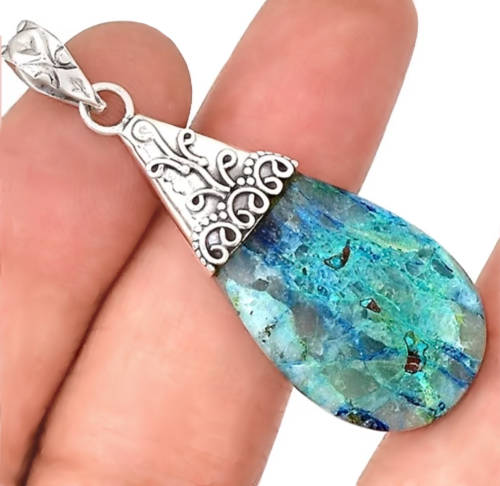Very Rare Natural Lightning Azurite with Quartz set in Solid .925 Sterling Silver Pendant