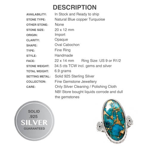 Natural Blue Copper Turquoise Oval Gemstone Solid .925 Silver Ring Size 9 OR R1/2
