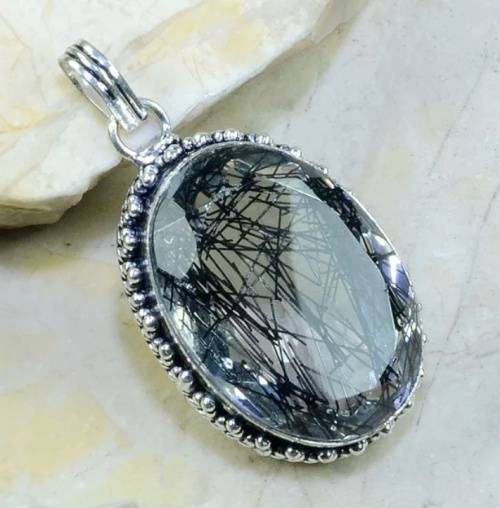 Black Rutile Quartz Oval set in 925 Sterling Silver Plated Antique Style Handmade Pendant