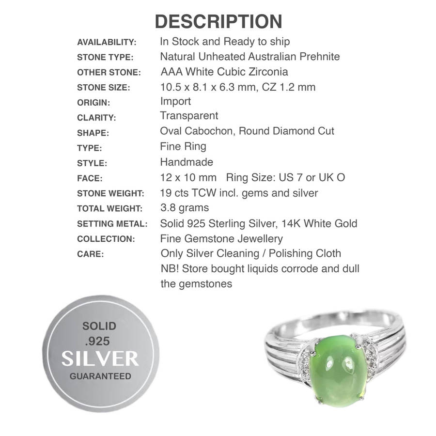 Natural Australian Prehnite Oval and Cubic Zirconia in Solid .925 Sterling Silver Ring Size 7 / O