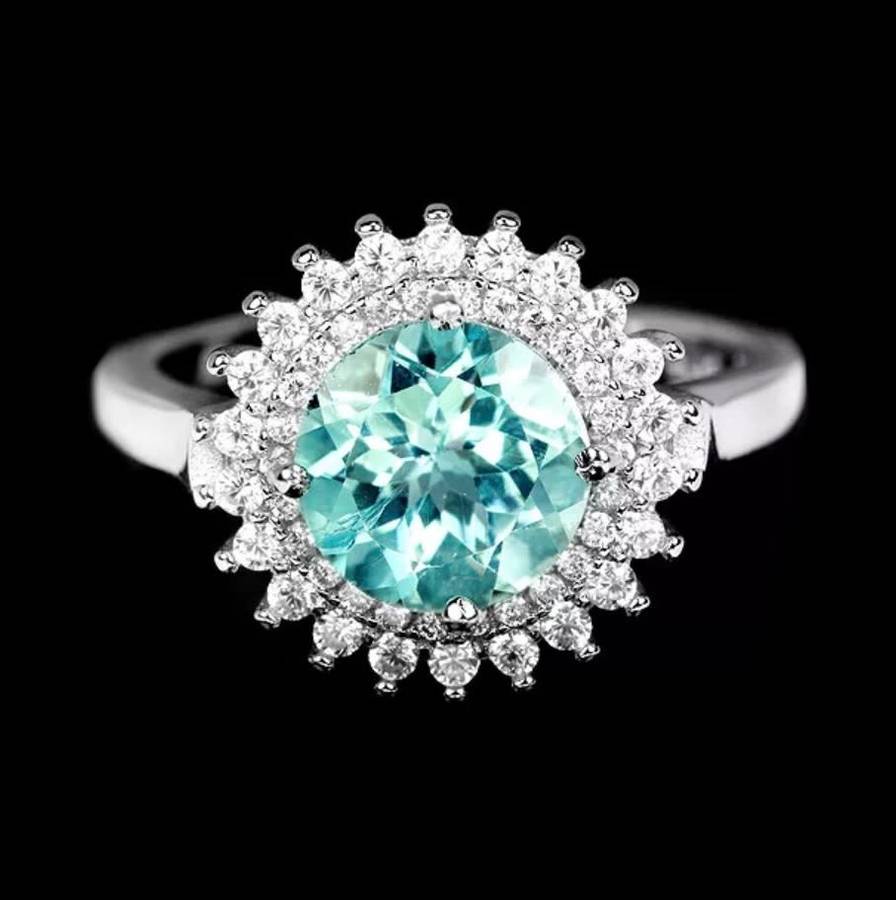 Deluxe Natural Sky Blue Topaz, White Cubic Zirconia Gemstone in Solid .925 Sterling Silver Size 8/ Q