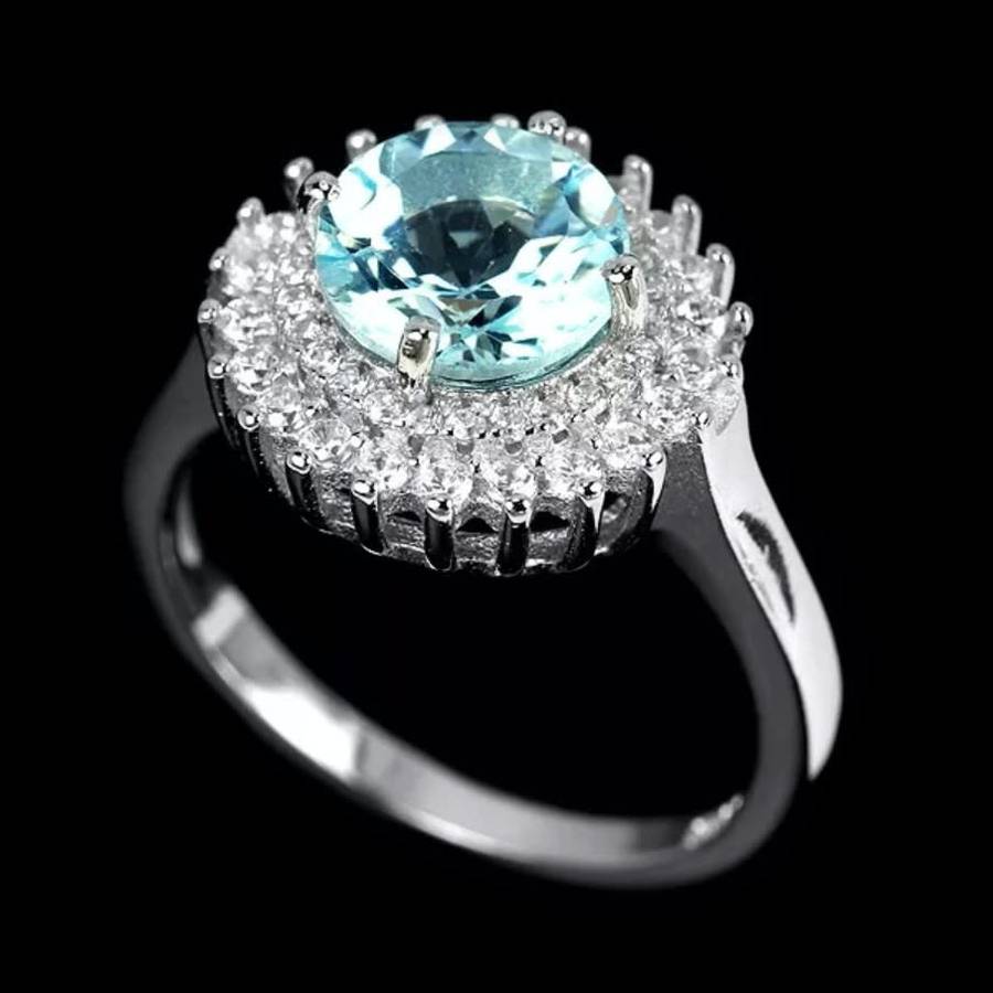 Deluxe Natural Sky Blue Topaz, White Cubic Zirconia Gemstone in Solid .925 Sterling Silver Size 8/ Q