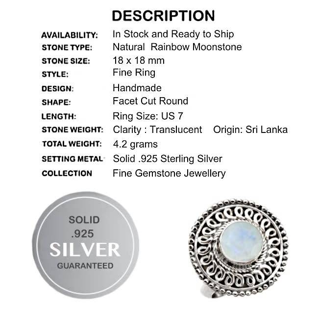 Indonesian Bali- Java Natural Rainbow Moonstone in Solid .925 Sterling Silver Ring Size US 7 or O