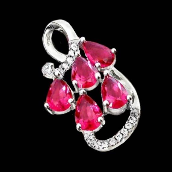 5.62 cts Pink Ruby Pear Shape and White Topaz Gemstones set in Solid .925 Sterling Silver Pendant