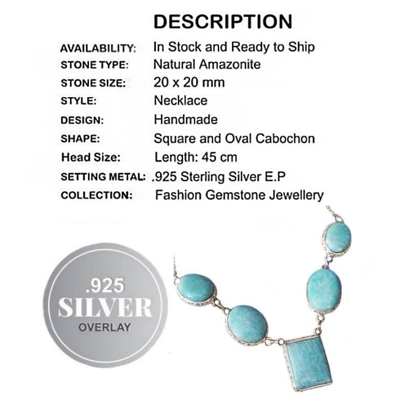 Natural Aqua Green Amazonite Square Gemstones in 925 Sterling Silver Plated Necklace