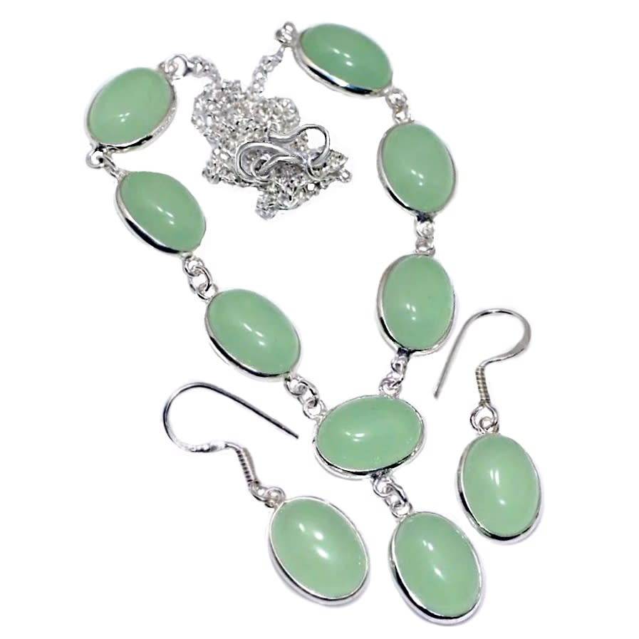 Handmade Aqua Green Chalcedony .925 Silver Necklace and Earrings Set