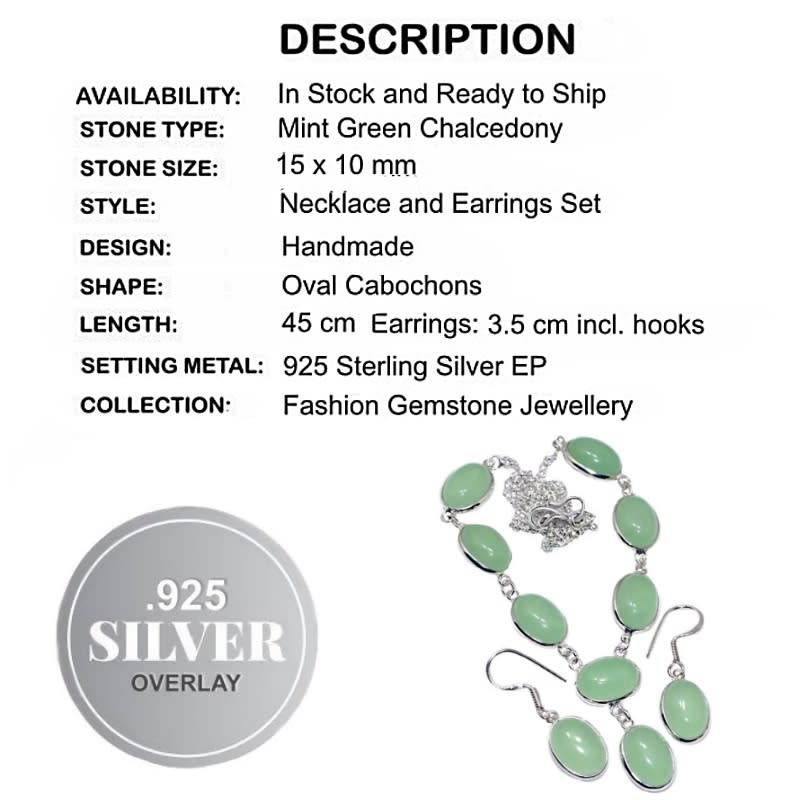 Handmade Aqua Green Chalcedony .925 Silver Necklace and Earrings Set