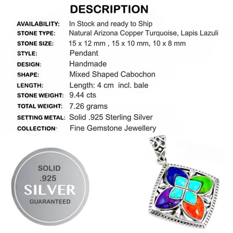 7.60 cts South Western Arizona Multi Copper Turquoise, Lapis Laz Solid .925 Sterling Silver  Pendant