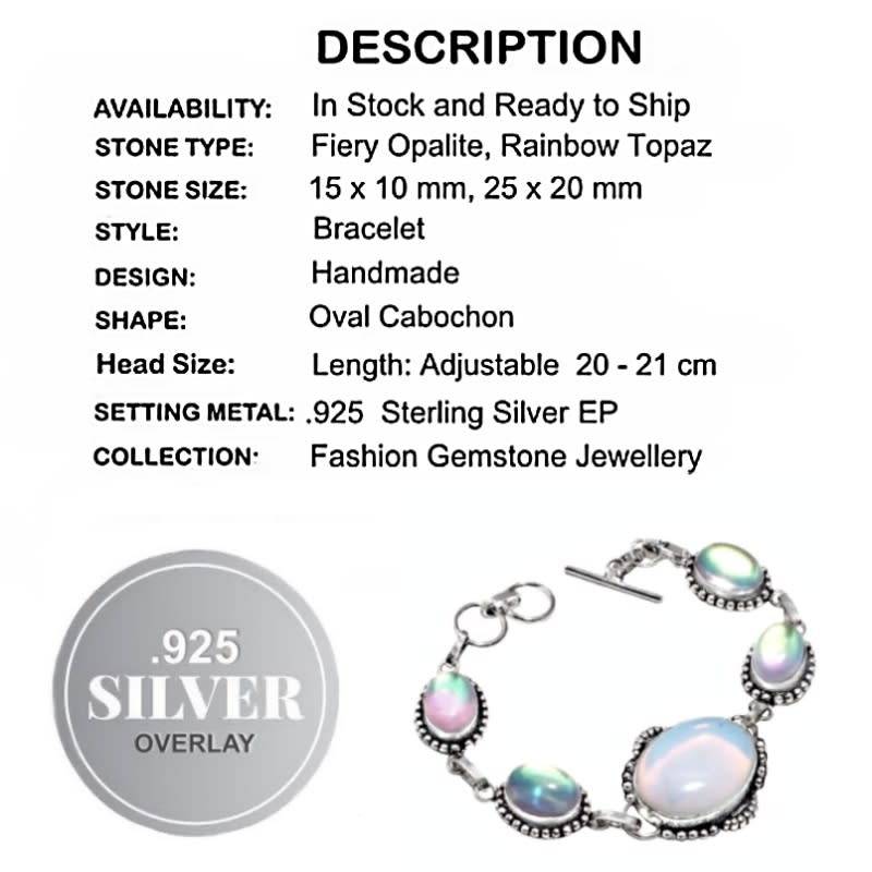 Aqua/Pink Rainbow Topaz and Fiery Opalite Silver Bracelet