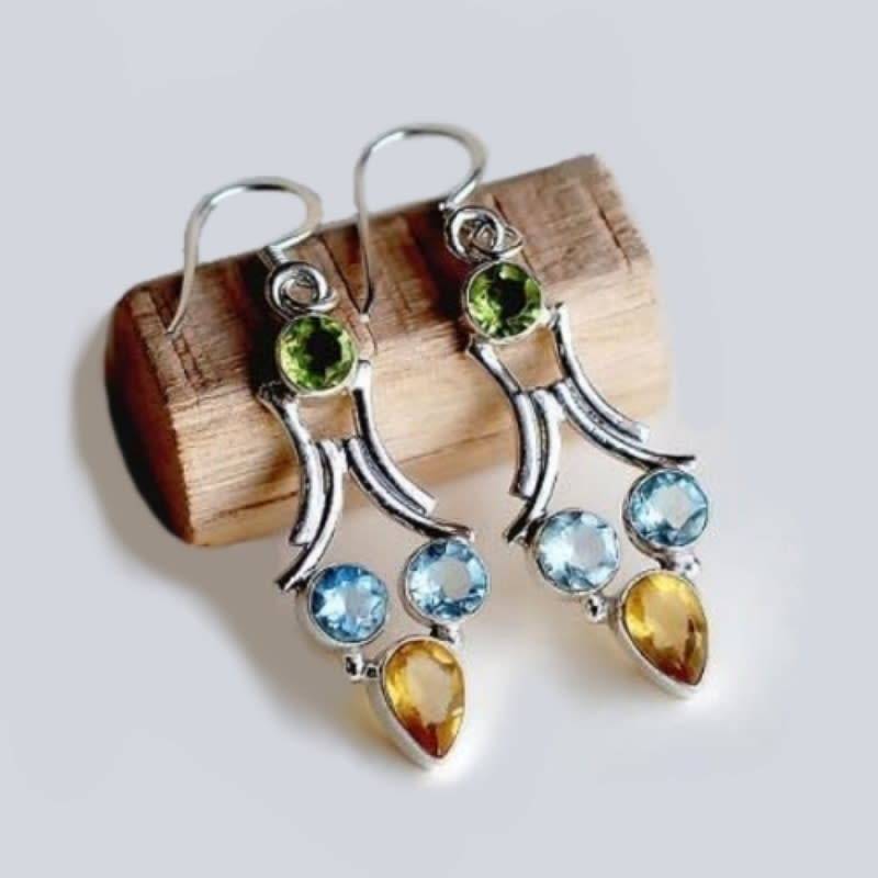 Natural Blue Topaz Peridot and Citrine set in  Solid .925 Sterling Silver Earrings