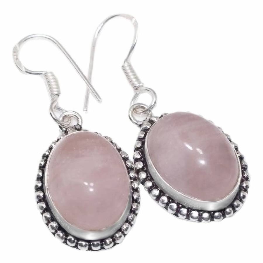 Natural Pink Rose Quartz Oval Gemstone Silver Earrings