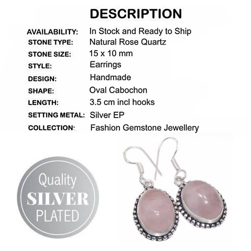 Natural Pink Rose Quartz Oval Gemstone Silver Earrings