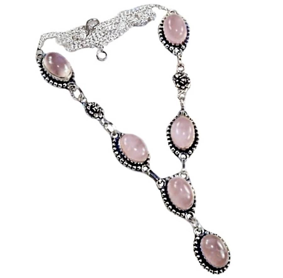 Natural Rose Quartz set in .925 Sterling Silver Plated Handmade Antique Style Rose Accent Necklace