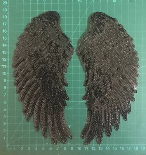BDG Black Medium Iron on sequins wings patches - set of 2 wings Each wing 19cm x 8.8cm