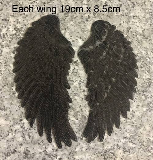 BDG Black Medium Iron on sequins wings patches - set of 2 wings Each wing 19cm x 8.8cm