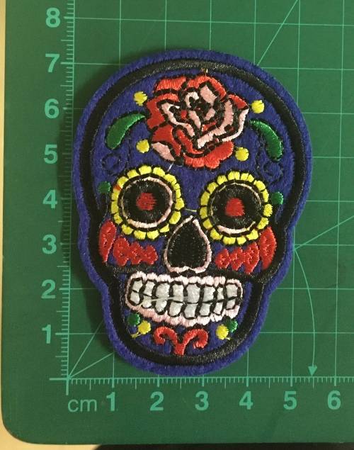 BDG Sugar Skull day of dead patch blue navy with red rose 7.5cm x 5.5cm