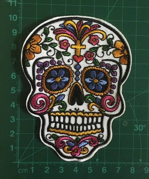 BDG Sugar Skull day of dead patch badge on white with heart fountain 10cm x 8cm