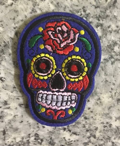 BDG Sugar Skull day of dead patch blue navy with red rose 7.5cm x 5.5cm