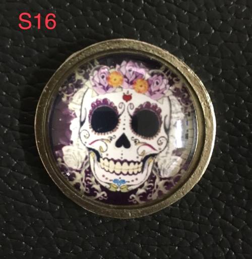 Quality Sugar Skull with flowers dome pin on metal with screw