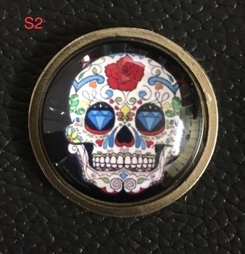 Quality Sugar Skull with flower dome pin on metal with screw
