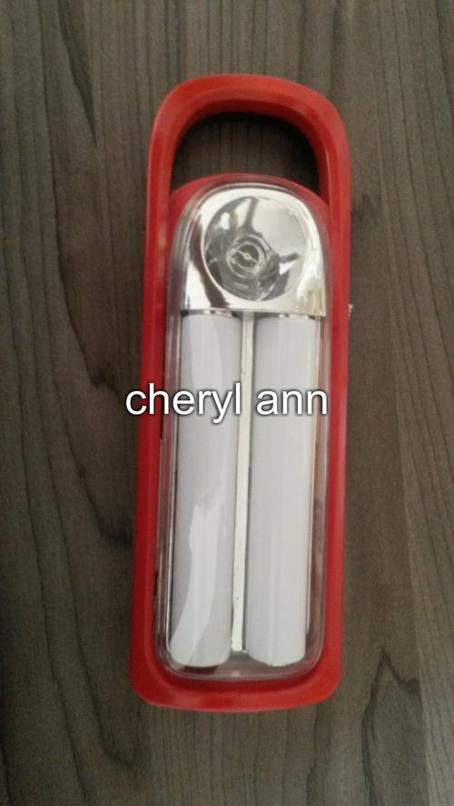 RECHARGEABLE EMERGENCY LIGHT WITH TWO FLUORESCENT LIGHTS AND ONE LED