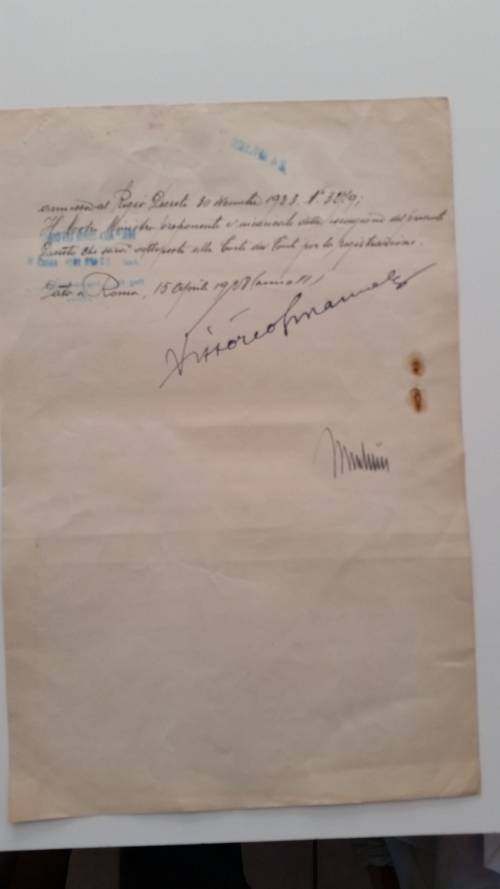 MUSSOLINI & KING EMANUELE AUTOGRAPHS PRE WW 2 1928 DOCUMENT RARE 2 SIGNATURES