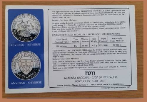 1987 - UC SILVER COMMEMORATIVE 100 ESCUDO COIN - THE GOLDEN ERA OF THE PORTUGUESE DISCOVERIES -