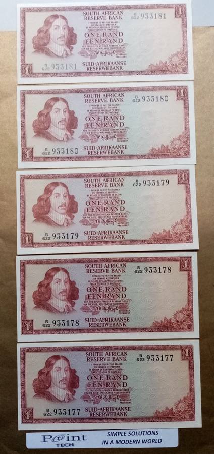 5 X TW DE JONGH R1 BANKNOTES WITH SERIAL NUMBERS IN SEQUENCE (UNC)