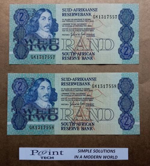 2 X GERHARD DE KOCK R2 BANKNOTES WITH SERIAL NUMBERS IN SEQUENCE (UNC)