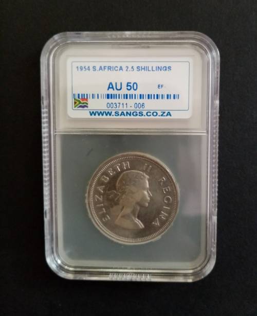 RARE GRADED COIN - 1954 SOUTH AFRICA 2.5 SCHILLING - AU 50