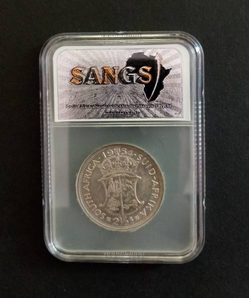 RARE GRADED COIN - 1954 SOUTH AFRICA 2.5 SCHILLING - AU 50