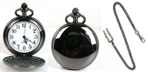 New BLACK Stainless Steel Polished Quartz Pocket Watch