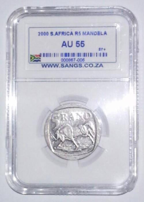 2000 Mandela Smiley R5 Coin SANGS Graded AU55