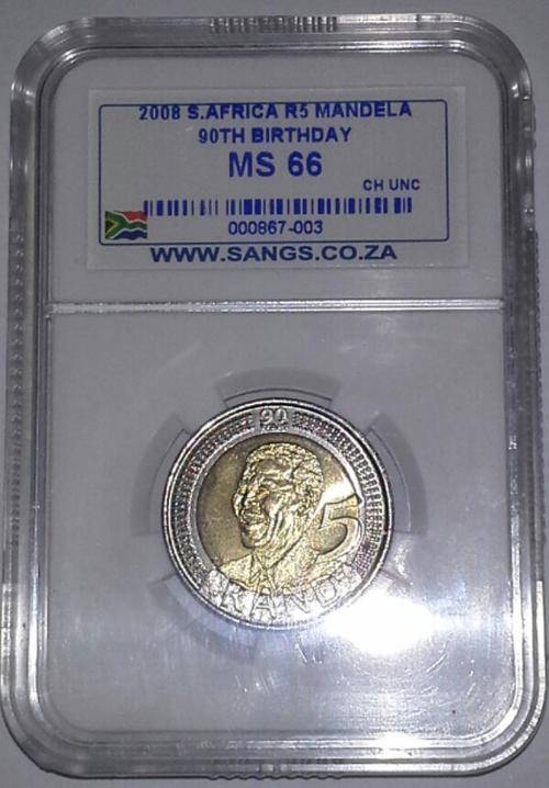 2008 Mandela 90th Birthday R5 Coin SANGS Graded MS66